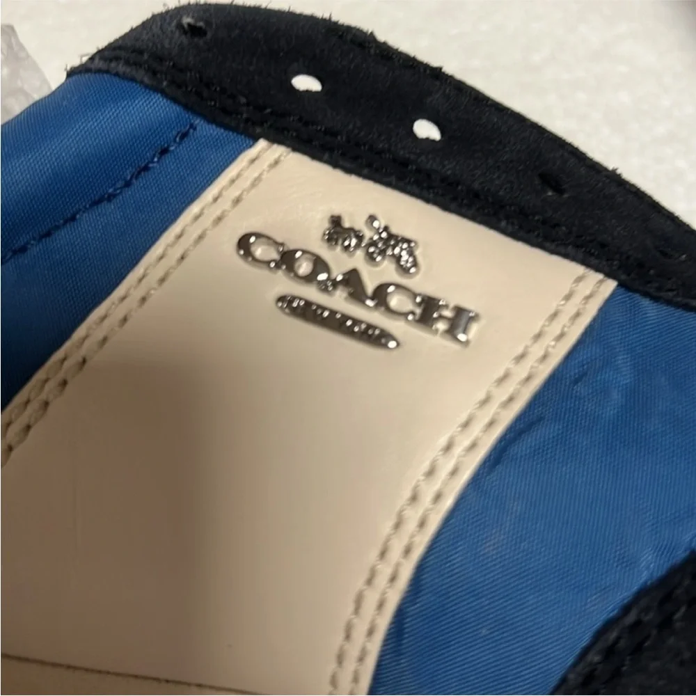 🆕 Coach leather logo trainer Blue and White Sneakers no shoelaces - Picture 7 of 10